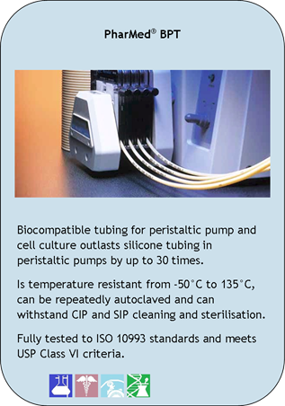 PharMed BPT
Biocompatible tubing for peristaltic pump and cell culture outlasts silicone tubing in peristaltic pumps by up to 30 times.
Is temperature resistant from -50C to 135C, can be repeatedly autoclaved and can withstand CIP and SIP cleaning and sterilisation.
Fully tested to ISO 10993 standards and meets USP Class VI criteria.
Application Icons:
Laboratory, Medical, Peristaltic Pump and Pharmaceutical/Biotech