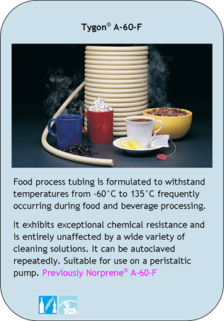 Tygon A-60-F
Food process tubing is formulated to withstand temperatures from -60C to 135C frequently occurring during food and beverage processing.
It exhibits exceptional chemical resistance and is entirely unaffected by a wide variety of cleaning solutions. It can be autoclaved repeatedly. Suitable for use on a peristaltic pump. Previously Norprene A-60-F
Application Icons:
Food and Beverage and Peristaltic Pump