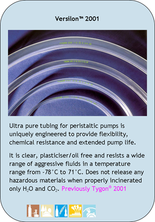 Versilon 2001
Ultra pure tubing for peristaltic pumps is uniquely engineered to provide flexibility, chemical resistance and extended pump life.
It is clear, plasticiser/oil free and resists a wide range of aggressive fluids in a temperature range from -78C to 71C. Does not release any hazardous materials when properly incinerated only H2O and CO2. Previously Tygon 2001
Application Icons:
Chemical Processing, Environmental, Food and Beverage, Industrial and Peristaltic Pump