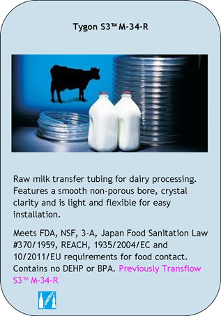 Tygon S3 M-34-R
Raw milk transfer tubing for dairy processing. Features a smooth non-porous bore, crystal clarity and is flexible for easy installation.
Meets FDA, NSF, #-A, Japan Food Sanitation Law #370/1959, REACH, 1935/2004/EC and 10/2011/EU requirements for food contact. Contains no DEHP or BPA. Previosly Transflow S3 M-34-R
Application Icons:
Food and Beverage