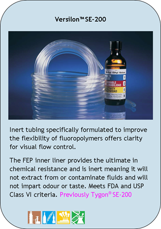 Versilon SE-200
Inert tubing specifically formulated to improve the flexibility of fluoropolymers offers clarity for visual flow control.
The FEP inner liner provides the ultimate in chemical resistance and is inert meaning it will not extract from or contaminate fluids and will not impart odour or taste. Meets FDA and USP Class VI criteria. Previously Tygon SE-200
Application Icons:
Chemical Processing, Food and Beverage, Industrial and Pharmaceutical/Biotech