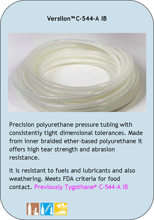 Versilon C-544-A IB
Precision polyurethane pressure tubing with consistently tight dimensional tolerances. Made from inner braided ether-based polyurethane it offers high tear strength and abrasion resistance.
It is resistant to fuels and lubricants and also weathering. Meets FDA criteria for food contact. Previously Tygothane C-544-A IB
Application Icons:
Chemical Processing, Food and Beverage and Industrial