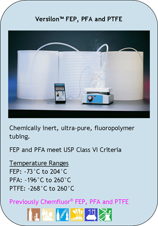 Versilon FEP, PFA and PTFE
Chemically inert, ultra-pure, fluoropolymer tubing.
FEP and PFA meet USP Class VI Criteria
Temperature Ranges 
FEP: -73C to 204C
PFA: -196C to 260C
PTFE: -268C to 260C
Previously Chemfluor FEP, PFA and PTFE
Application Icons:
Chemical Processing, Environmental, Food and Beverage, Industrial, Laboratory and Pharmaceutical/Biotech