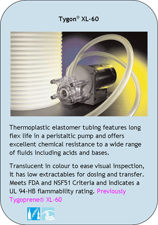 Tygon XL-60
Thermoplastic elastomer tubing features long flex life in a peristaltic pump and offers excellent chemical resistance to a wide range of fluids including acids and bases.
Translucent in colour to ease visual inspection, it has low extractables for dosing and transfer. Meets FDA and NSF51 Criteria and indicates a UL 94-HB flammability rating. Previously Tygoprene XL-60
Application Icons:
Food and Beverage and Peristaltic Pump