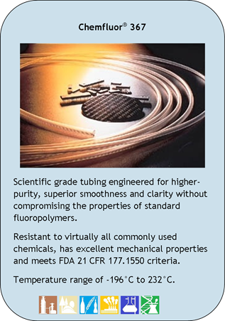 Chemfluor 367
Scientific grade tubing engineered for higher-purity, superior smoothness and clarity without compromising the properties of standard fluoropolymers.
Resistant to virtually all commonly used chemicals, has excellent mechanical properties and meets FDA 21 CFR 177.1550 criteria. 
Temperature range of -196C to 232C.
Application Icons:
Chemical Processing, Environmental, Food and Beverage, Industrial, Laboratory and Pharmaceutical/Biotech.