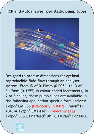 ICP and Autoanalyser peristaltic pump tubes
Designed to precise dimensions for optimal reproducible fluid flow through an analyser system. From ID of 0.13mm (0.005) to ID of 3.17mm (0.125) in colour coded increments, in 2 or 3 collar, these pump tubes are available in the following application specific formulations: Tygon LMT-55 (Previously R-3607), Tygon F-4040-A,Tygon LMT-Flex (Previously LFL), Tygon 3350, PharMed BPT & Fluran F-5500-A.
Application Icons:
Peristaltic Pump